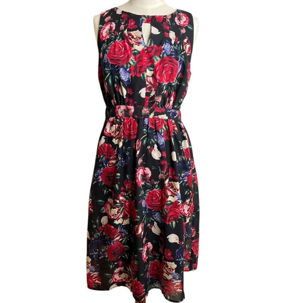 ModCloth Black & Red Floral Midi Dress – Sleeveless, Pockets